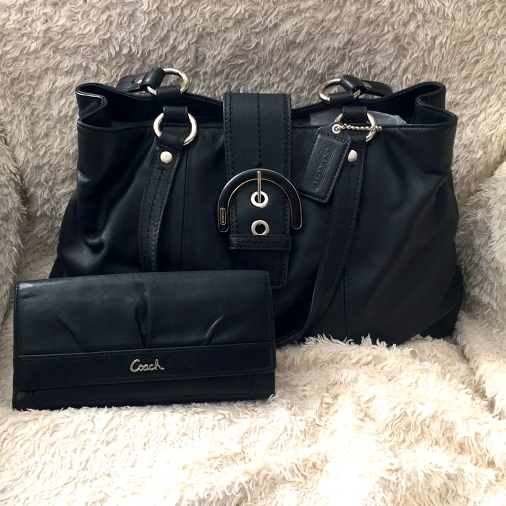 Black leather Coach purse with matching wallet